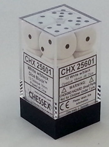 Opaque White 16mm d6 Dice Block (12 Dice)